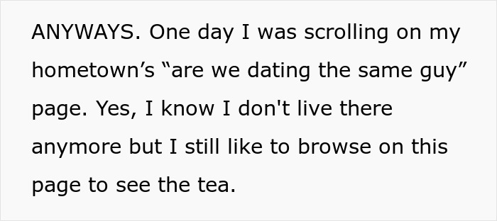 Text snippet about scrolling a hometown dating page, relating to the story of a man who hides his baby.
