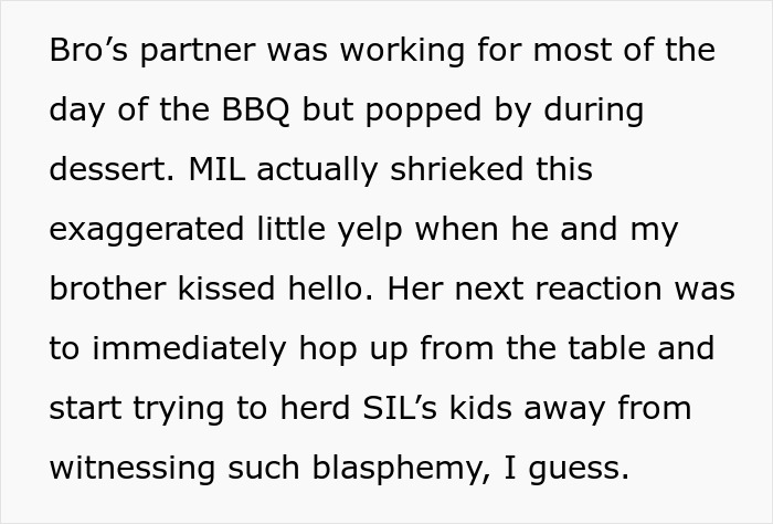 Text describing the groom's mom's shocked reaction to the bride's gay brother and his partner kissing at the wedding.