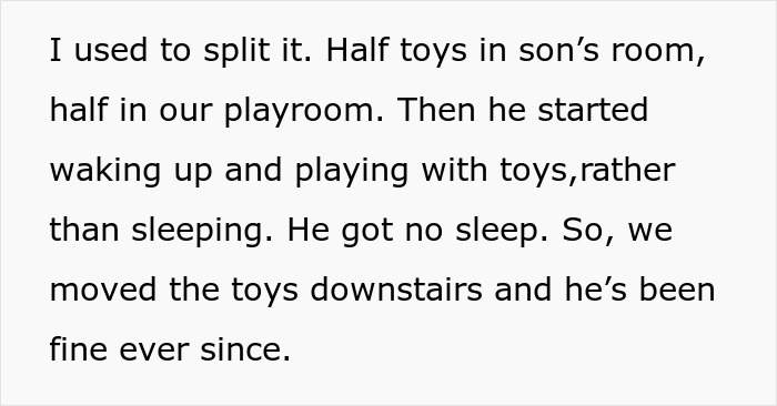 Text describing a mom's reasons for moving toys out of her son's bedroom due to sleep issues with the nanny.