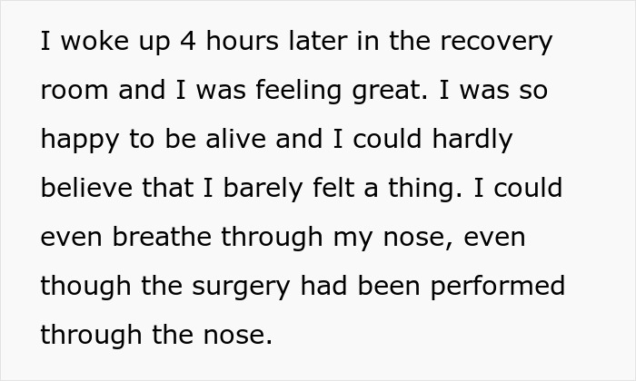 Man recovering from brain tumor surgery, feeling great and happy to be alive, able to breathe through his nose.