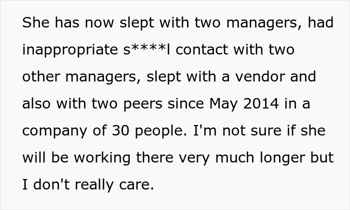 Text discussing the coworker's history of sleeping with managers and vendors, underscoring her role in the husband's affair. Text discussing the coworker's history of sleeping with managers and vendors, underscoring her role in the husband's affair.