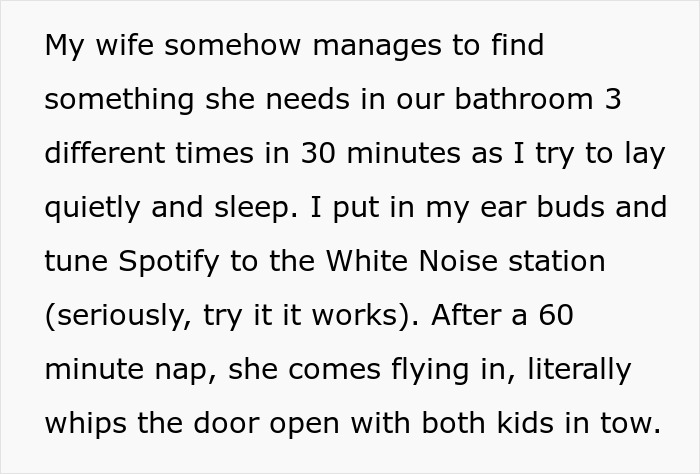 A man with cancer tries to sleep but his postpartum wife repeatedly enters the bathroom, disturbing his rest.