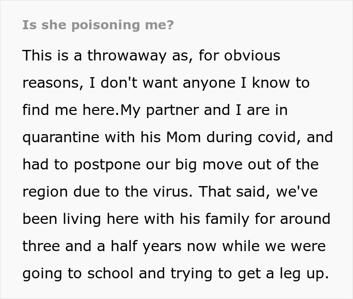 Screenshot of text asking, Is she poisoning me? The woman suspects her future mother-in-law of doing something to her food. Screenshot of text asking, Is she poisoning me? The woman suspects her future mother-in-law of doing something to her food.
