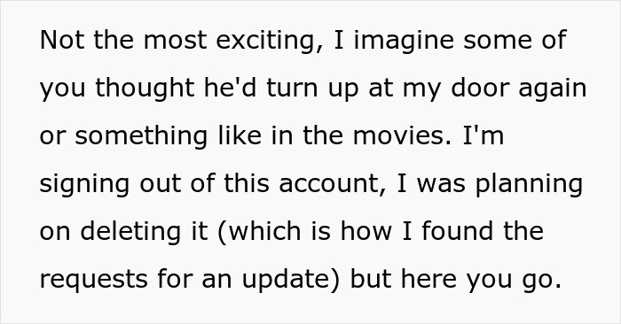 Screenshot of an update post by the friend, planning to delete the account after the unsettling nanny pursuit.