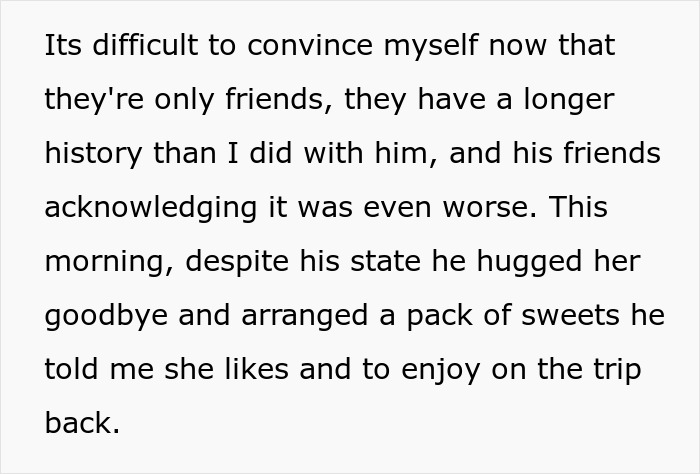 A woman overhears her husband's ex-girlfriend being acknowledged by his friends, making her feel worse. A woman overhears her husband's ex-girlfriend being acknowledged by his friends, making her feel worse.