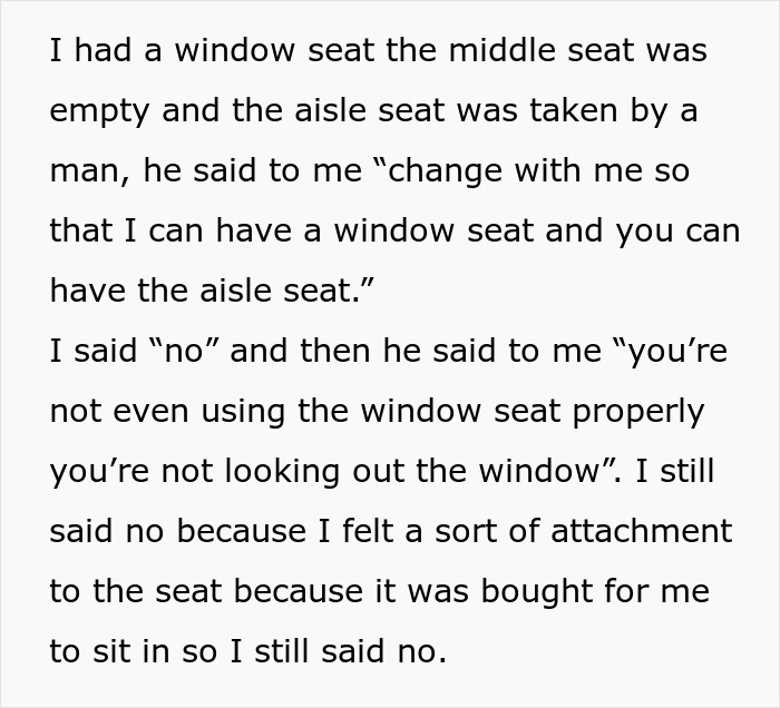 Text overlay recounts a man trying to steal a child's window seat on a flight and refusing to move. Text overlay recounts a man trying to steal a child's window seat on a flight and refusing to move.
