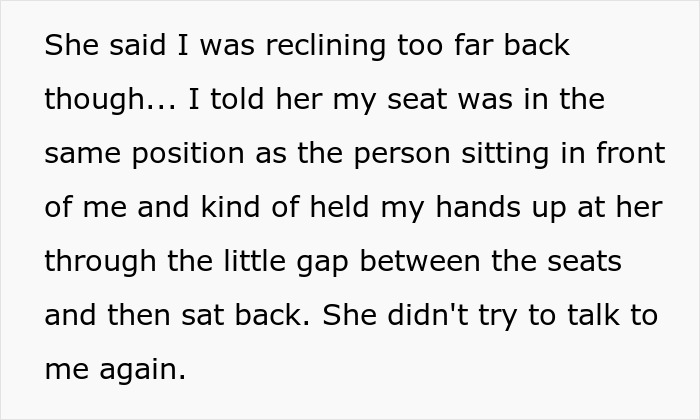Text about a woman physically stopping a stranger from reclining on an overnight flight and throwing a tantrum.