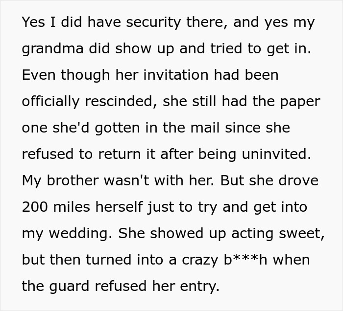 Text snippet: Entitled man's grandma refused entry to wedding, acting sweet then turning crazy when guards refused.