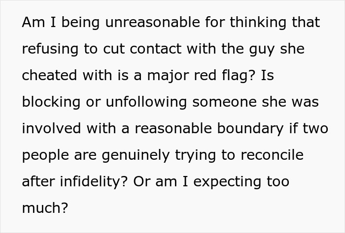 Text snippet questioning if refusing to cut contact with the other man after an affair is a red flag for a cheating wife. Text snippet questioning if refusing to cut contact with the other man after an affair is a red flag for a cheating wife.