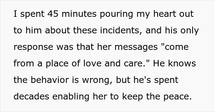 Text describing the husband's enabling behavior regarding his MIL's actions. Text describing the husband's enabling behavior regarding his MIL's actions.
