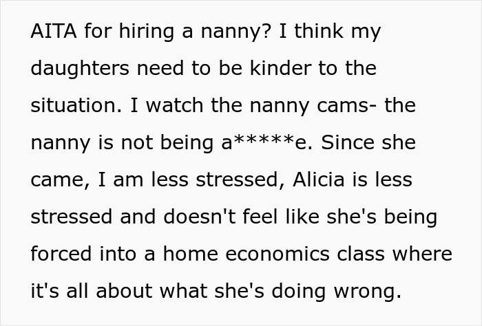 Screenshot of text from a dad discussing hiring a nanny, feeling less stressed, and the kids' behavior. Screenshot of text from a dad discussing hiring a nanny, feeling less stressed, and the kids' behavior.