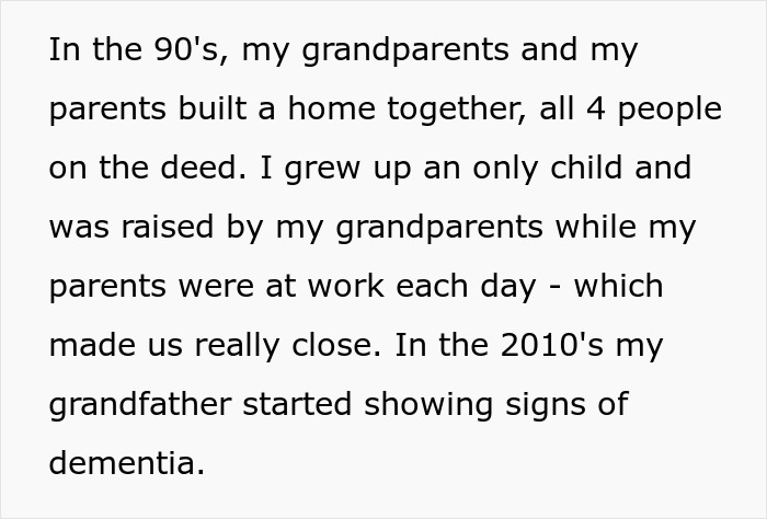 Screenshot of text describing the backstory of a woman's grandparents building a home, leading to her aunt's will change. Screenshot of text describing the backstory of a woman's grandparents building a home, leading to her aunt's will change.