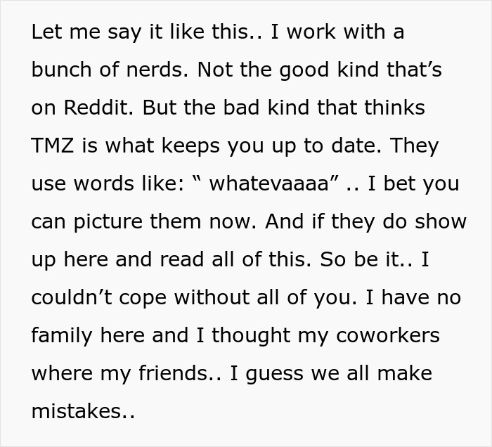 Text about a guy rejected by a coworker. The main character works with people who use words like whatever. Text about a guy rejected by a coworker. The main character works with people who use words like whatever.