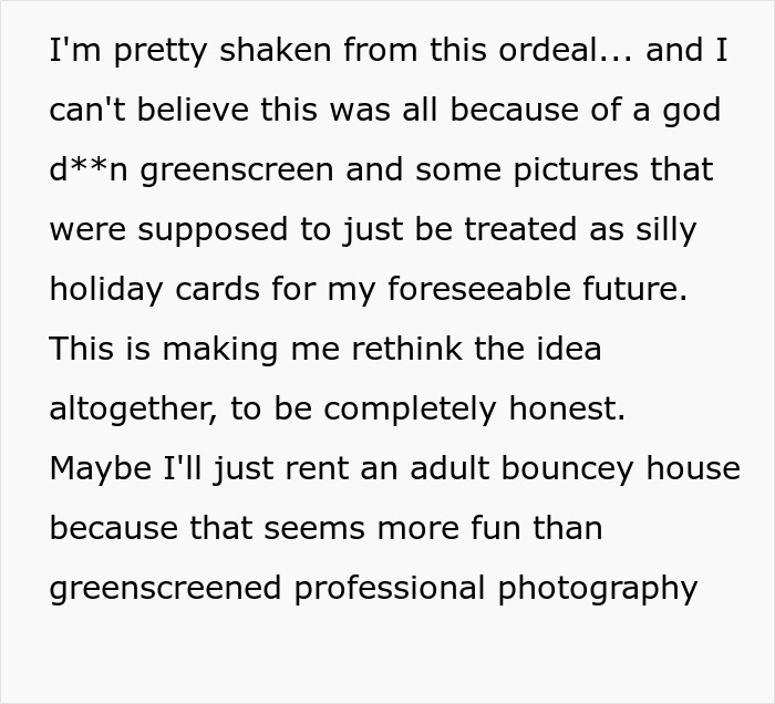 Text expressing a woman's shaken feelings over a scary fixation on a groom, linking it to greenscreen pictures.