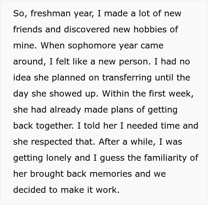 A paragraph where the cheating ex returns, wanting to get back together, and they reconcile.