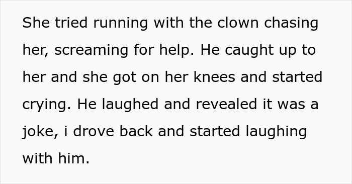 A woman running with a clown chasing her, screaming for help, panicking before realizing it was a joke.