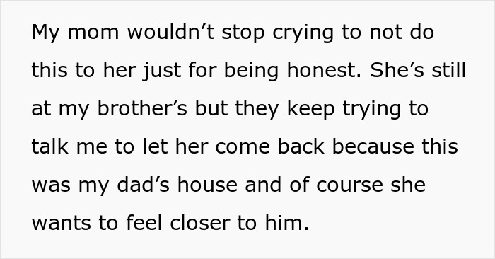 Text detailing the mother's crying and desire to return to her deceased husband's house after harassing wife.