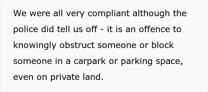 A text box states 'We were all very compliant although the police did tell us off - it is an offence to knowingly obstruct someone or block someone in a carpark or parking space, even on private land.' about a parking war and beloved BMW.