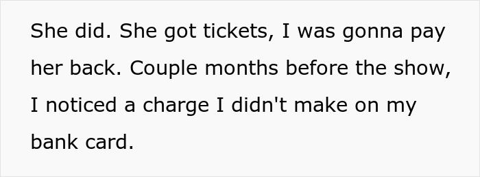 A sibling recounts a fraudulent bank charge before a show, after the bride obtained tickets, in the context of the service dog wedding ban.