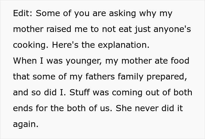 An explanation for not eating anyone's cooking after a bad experience with MIL's family food.