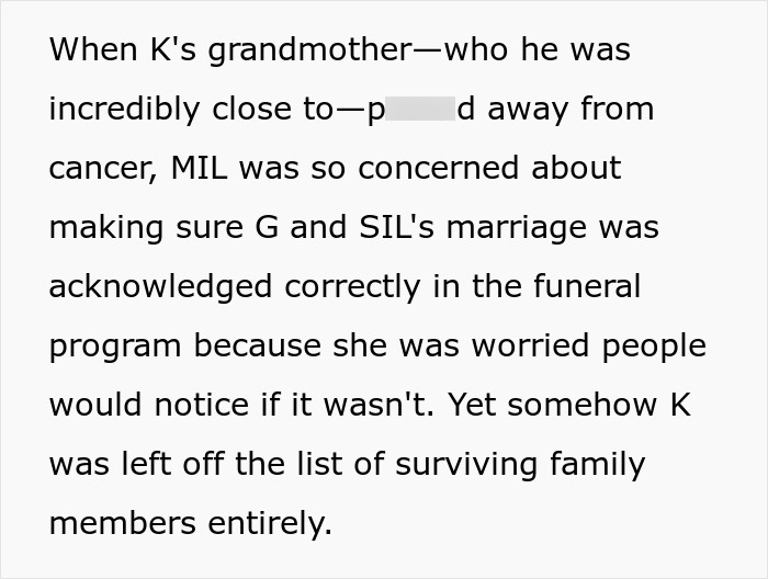 Text about MILs neglect of K in a funeral program, escalating a family feud about the childfree wedding. Text about MILs neglect of K in a funeral program, escalating a family feud about the childfree wedding.