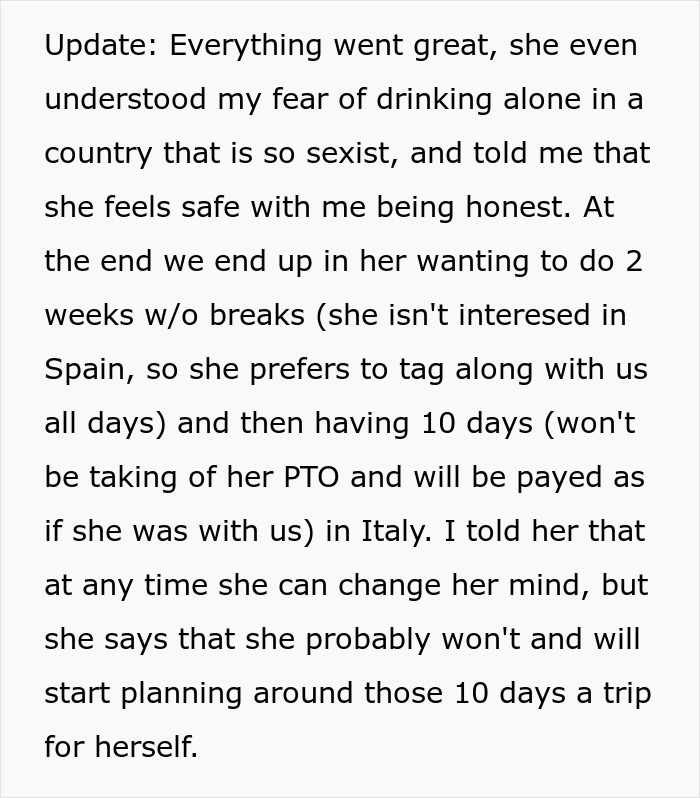 Text updating on a nanny on family vacation arrangements, including a 2-week trip and 10 paid days.