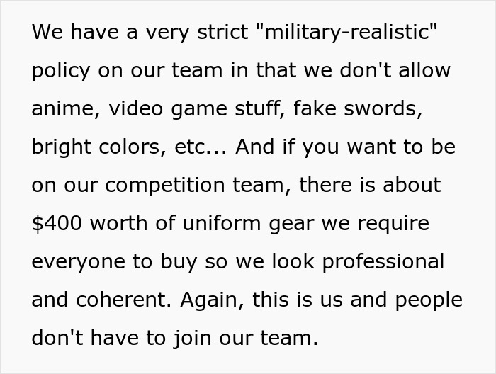 Screenshot of text detailing the strict military-realistic Airsoft dress code and uniform gear requirements. Screenshot of text detailing the strict military-realistic Airsoft dress code and uniform gear requirements.