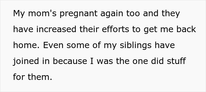 A screenshot of text about a man's pregnant mom and siblings increasing efforts to make him return to raise kids. A screenshot of text about a man's pregnant mom and siblings increasing efforts to make him return to raise kids.