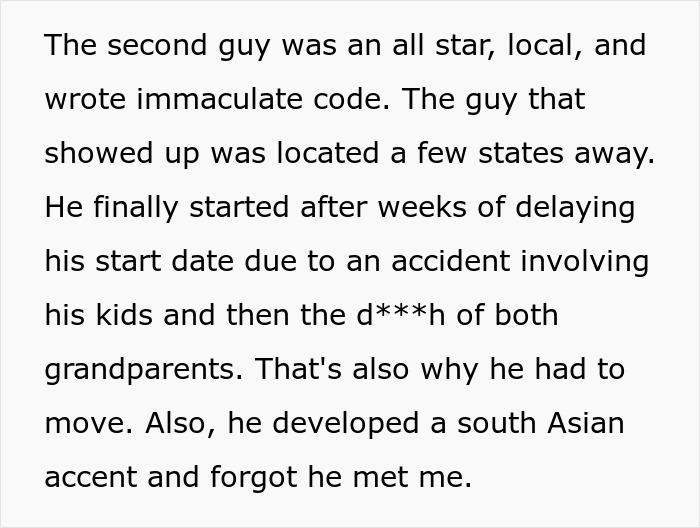 Screenshot of text explaining a hiring scam with a candidate delay, location change, and changed accent.