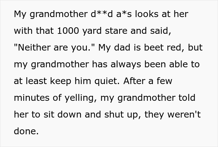Text detailing the great-grandma's sharp retort to the screaming entitled in-law, maintaining control. Text detailing the great-grandma's sharp retort to the screaming entitled in-law, maintaining control.
