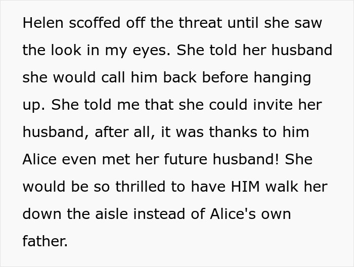 A screenshot from a story about a MIL sabotaging a wedding, with text describing Helen's plan to have Alice's stepfather walk her down the aisle. A screenshot from a story about a MIL sabotaging a wedding, with text describing Helen's plan to have Alice's stepfather walk her down the aisle.