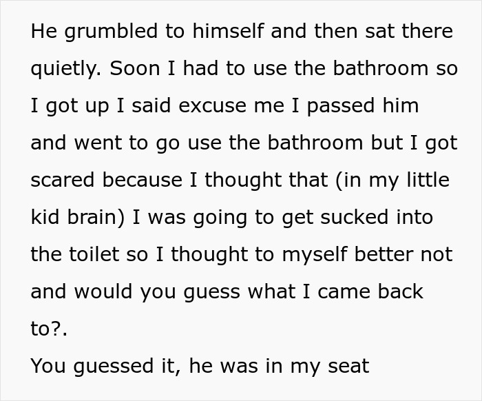 Text describing a man trying to steal a child's window seat on a flight, refusing to move. Text describing a man trying to steal a child's window seat on a flight, refusing to move.