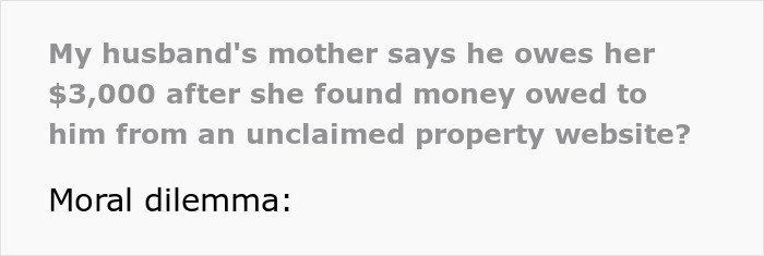 Screenshot of text about a moral dilemma where a mom found her son's long-lost $6K and wants a $3K finder's fee. Screenshot of text about a moral dilemma where a mom found her son's long-lost $6K and wants a $3K finder's fee.