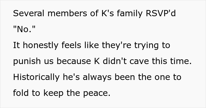 Text explaining a family feud over a childfree wedding, with family RSVPing no as punishment. Text explaining a family feud over a childfree wedding, with family RSVPing no as punishment.
