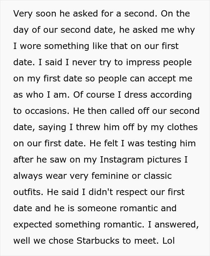 Screenshot of the woman's story, where a guy cancels their date due to a theory from her Instagram photos. Screenshot of the woman's story, where a guy cancels their date due to a theory from her Instagram photos.