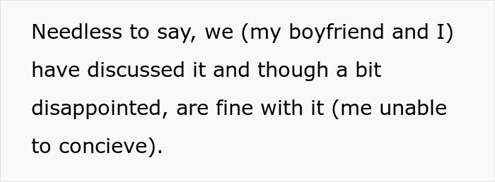 Screenshot of text stating the couple is fine with the woman's inability to conceive, despite the future mother-in-law's opinion.