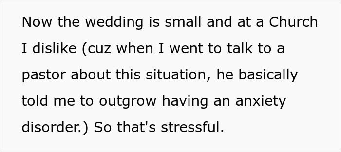 Text describing the anxiety-inducing small wedding at a disliked church and the pastor's unhelpful advice.