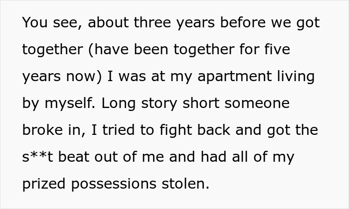 Screenshot of text detailing a past home invasion, explaining the need for security cameras amidst family drama to have kids.