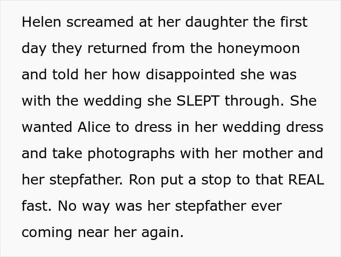 Text describing Helen's disappointment about the wedding she slept through, demanding a wedding dress photoshoot. Text describing Helen's disappointment about the wedding she slept through, demanding a wedding dress photoshoot.