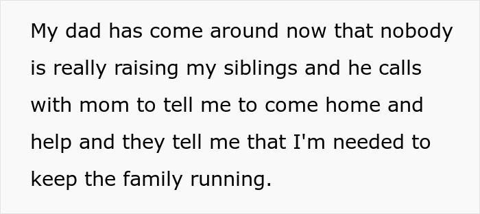 A screenshot of text about parents calling a man to return home and raise their kids and keep the family running. A screenshot of text about parents calling a man to return home and raise their kids and keep the family running.
