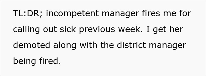 TL:DR summary text about an incompetent manager firing a student worker, leading to demotion.