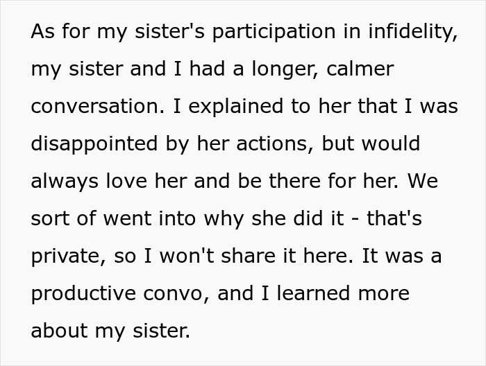 A screenshot of a text about a sister's involvement in infidelity. A daughter loses her college fund. A screenshot of a text about a sister's involvement in infidelity. A daughter loses her college fund.