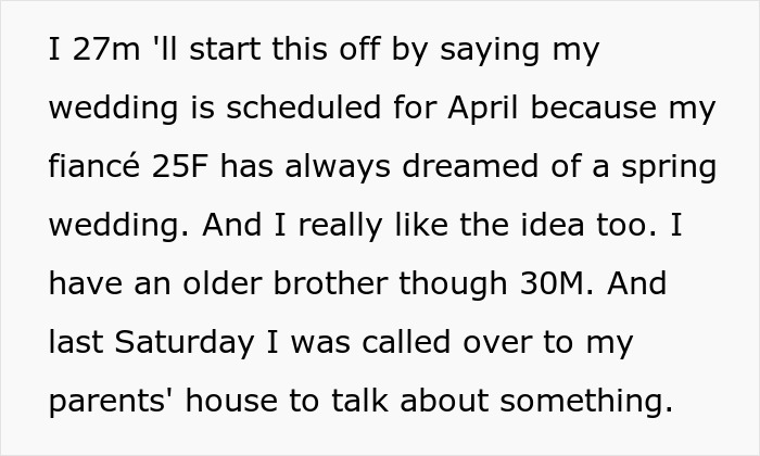 Text explaining an entitled man's background, leading to his plan to propose at brother's wedding, losing more.