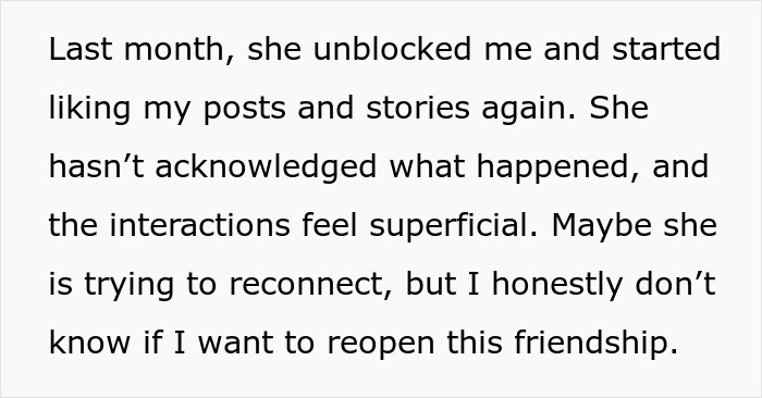 Text explaining how the bestie unblocked the bride, but interactions feel superficial, continuing the story of the bestie ghosts bride. Text explaining how the bestie unblocked the bride, but interactions feel superficial, continuing the story of the bestie ghosts bride.