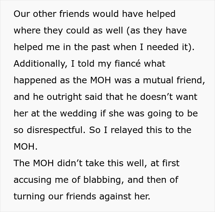Bride shocked: The bride discusses her fiancé's reaction and relaying the decision to the MOH about the dress. Bride shocked: The bride discusses her fiancé's reaction and relaying the decision to the MOH about the dress.