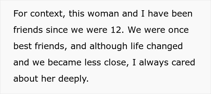 Screenshot of text explaining that the woman and influencer bestie were friends since childhood. Screenshot of text explaining that the woman and influencer bestie were friends since childhood.