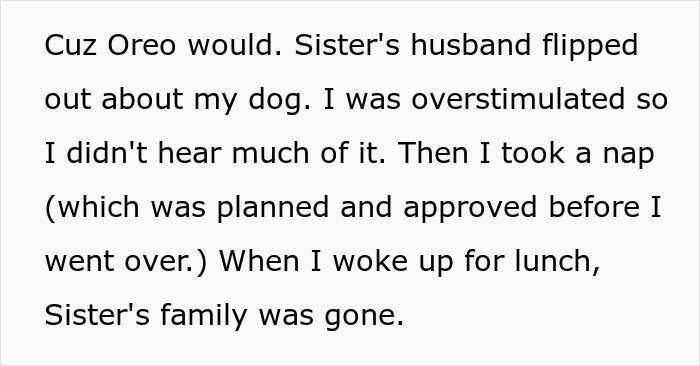 A screenshot from a social media post where the sister's family left over the service dog.