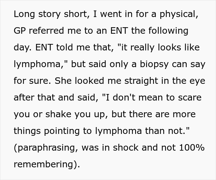 Screenshot of text detailing a man's lymphoma diagnosis, impacting him with his postpartum wife's expectations.