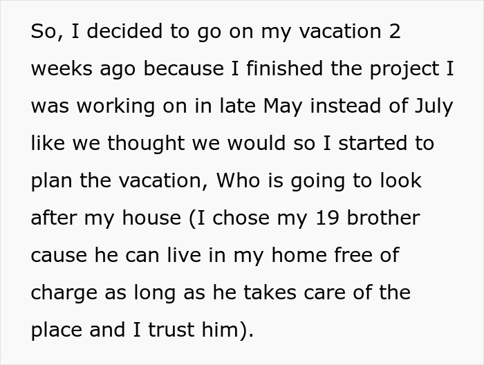 Screenshot of text about a vacation plan, mentioning who will look after the house, tied to the aunt money issue. Screenshot of text about a vacation plan, mentioning who will look after the house, tied to the aunt money issue.