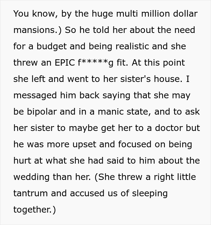 A screenshot of a message describing the bride's intense tantrum about her wedding budget.